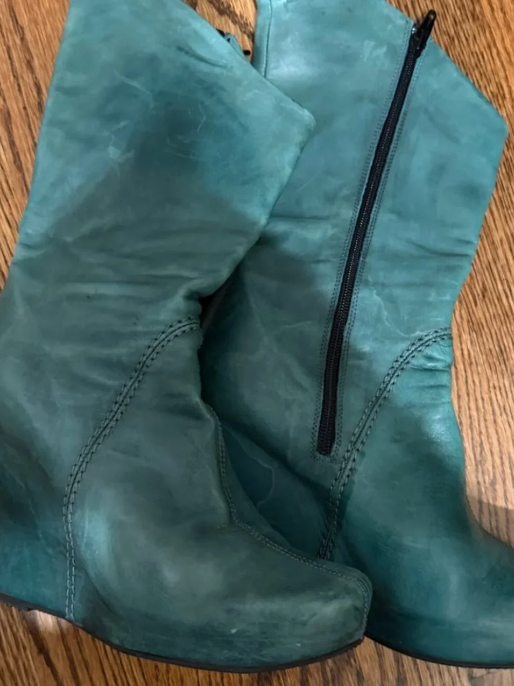 Venezia Teal Wedge Boots Side Zip Slouch Platform Leather EU 37